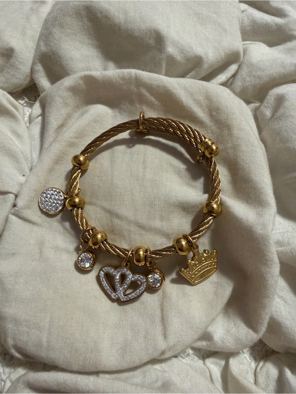 Free People Gold Tone Twisted Cable Pave Crystal Heart Crown Charm Bracelet